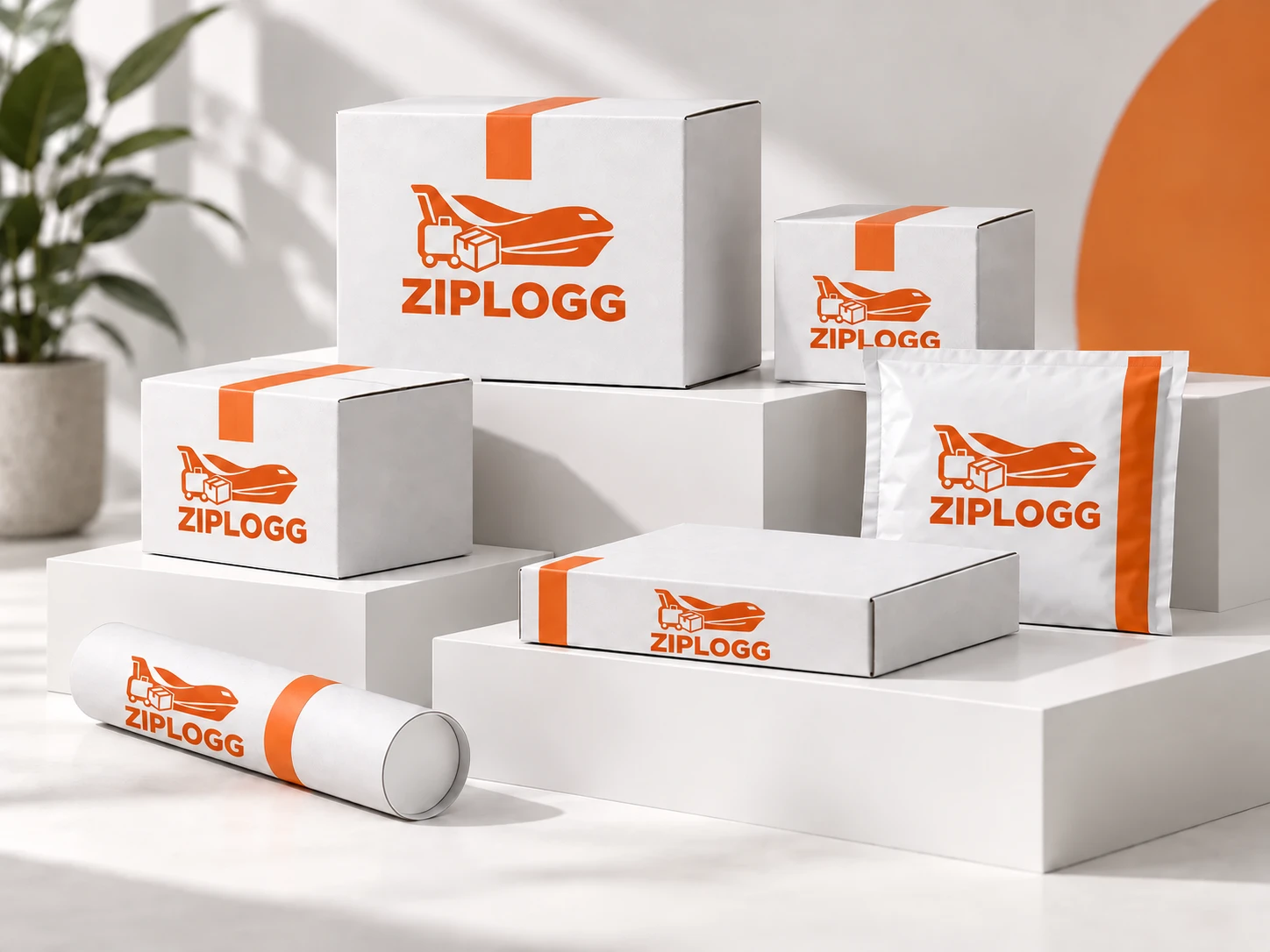 Business parcels and mailing boxes arranged on plinths